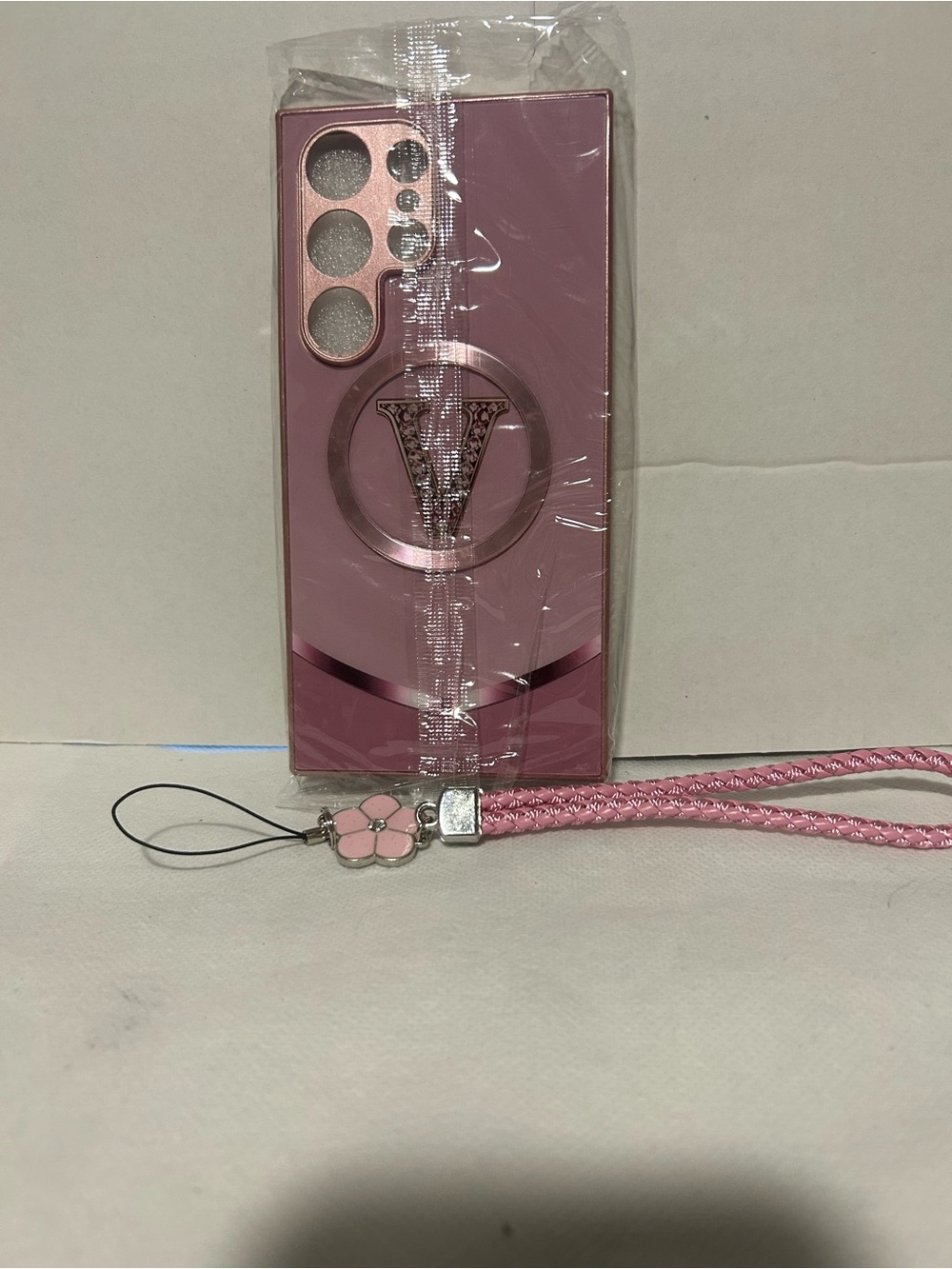 Samsung Pink Phone Case with Ring Holder and Braided Wrist Strap